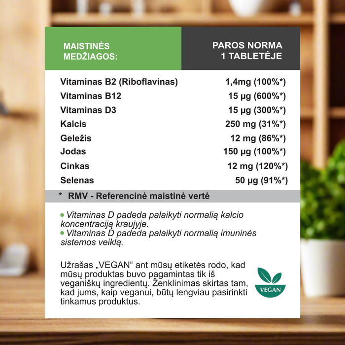 Multivitaminai Veganams su Vitaminu D3, 100 tablečių – nuotrauka 2