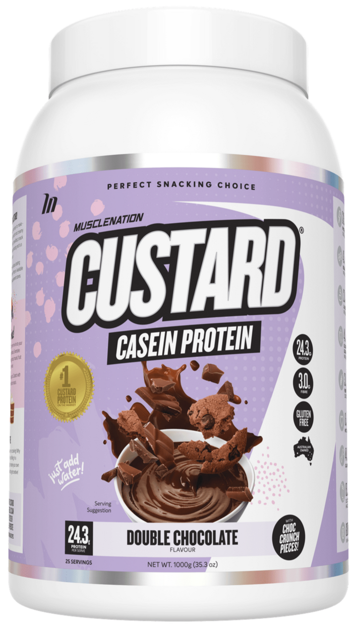 Muscle Nation Custard Casein Protein 1kg Double Chocolate w/ choc crunch pieces