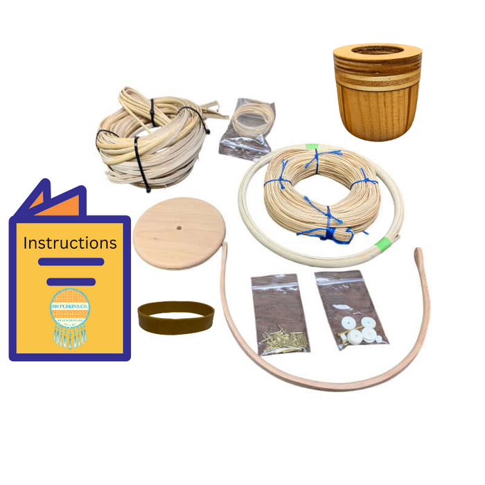 Nantucket Basket Kits include Binder Cane, a Mold, Reed Rims, Cherry Handle, elastic band, strand cane weavers, instruction booklet, bone knobs, bone washers, cherry base, and escutcheon pins.