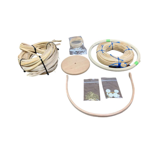 Nantucket Basket Replacement Kit includes 5mm Binder Cane Staves, Cherry Base, Cherry Handle, Rattan Reed Rim, strand cane, binder cane, washers, pins, and directions.