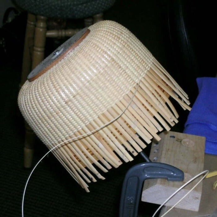 Nantucket Basket attached to wooden mold stand adapter and fastened with C-Clamp.