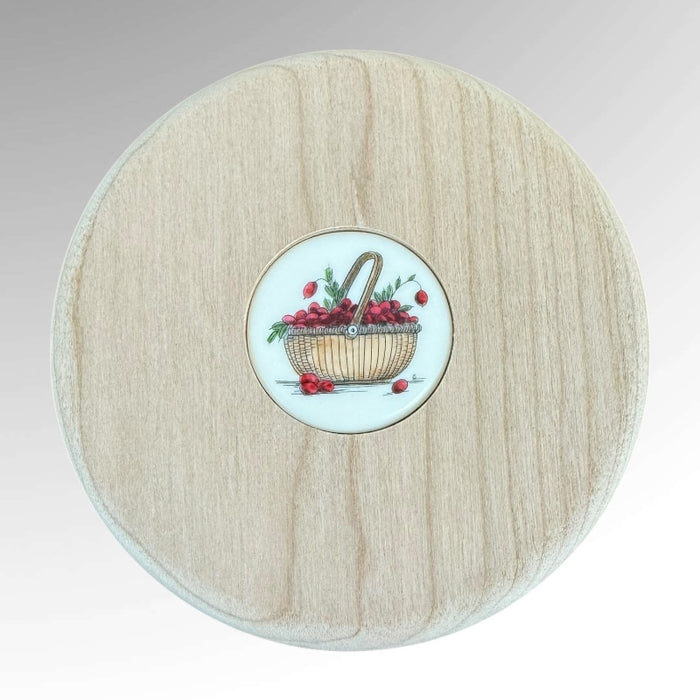 Nantucket Scrim Disc inserted into a cherry base with cutout. Scrim Disc is HH Perkins Wine Basket style
