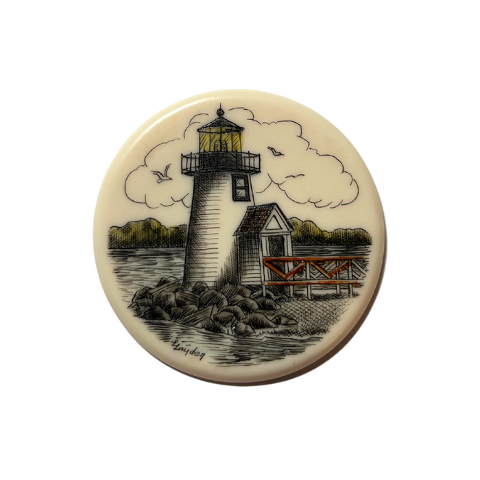 Acrylic scrim disc Nantucket Basket weaving accent with Lighthouse and Orange fence that is signed on the bottom by the artist