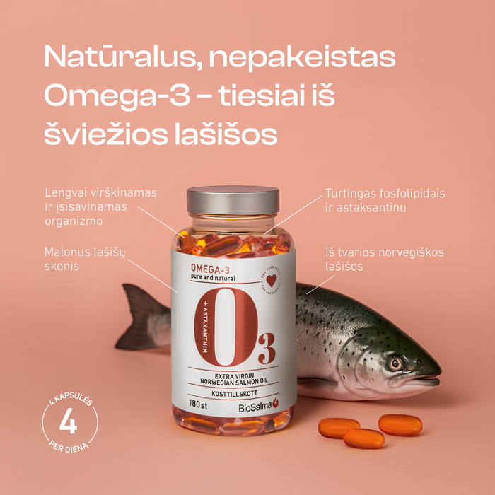 Omega-3 Tyri norvegiškų lašišų žuvų taukai, 180 kapsulių – nuotrauka 2