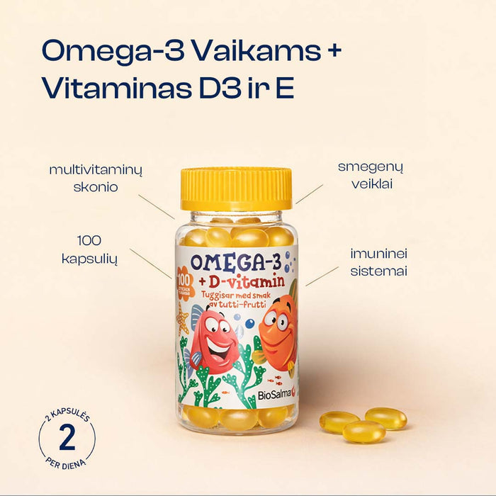 Omega-3 Vaikams + Vitaminas D3 ir E, 100 kapsulių – nuotrauka 2