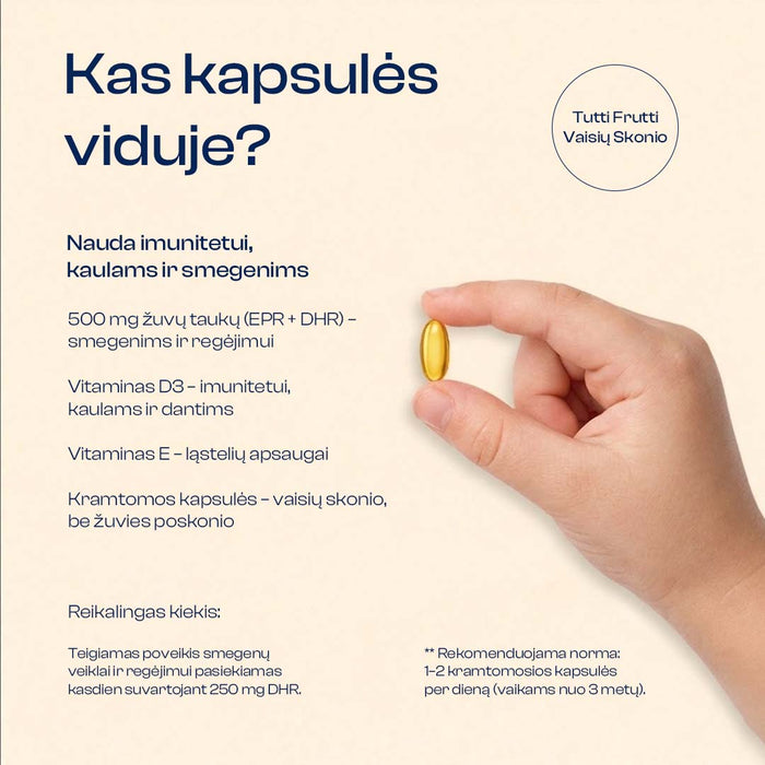 Omega-3 Vaikams + Vitaminas D3 ir E, 100 kapsulių – nuotrauka 4