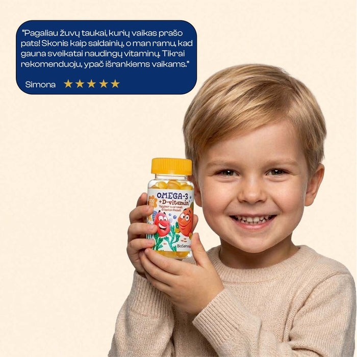 Omega-3 Vaikams + Vitaminas D3 ir E, 100 kapsulių – nuotrauka 5