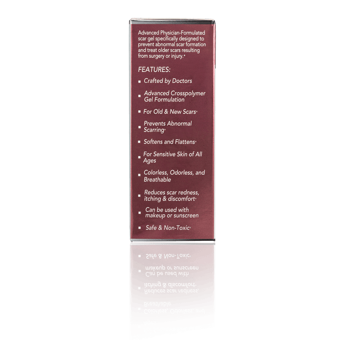 Physician Formulated Medical-grade Silicone Scar Gel "Semi-Solid Sheeting". Features: Crafted by Doctors, Advanced Crosspolymer Gel Formulation, Prevents Abnormal Scarring, Softens and Flattens Scars, For Sensitive Skin of All Ages, Reduces Scar Redness, Odorless, and Breathable.