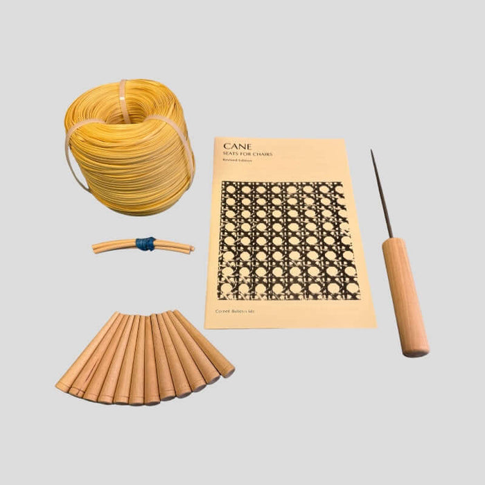 Fine 2.5mm Plastic Strand Cane Kit with awl, caning awl, corner plugs, and booklet.
