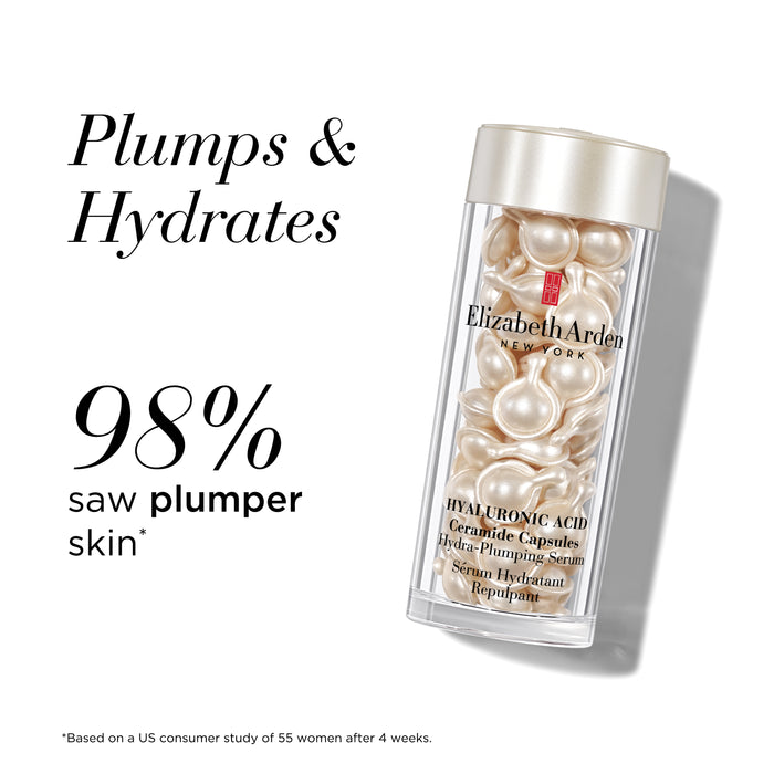 Elizabeth Arden skincare capsules with text on plumping and hydrating benefits.