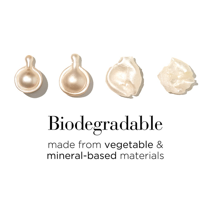 Four biodegradable product samples on a white background with text indicating they are made from vegetable and mineral-based materials.