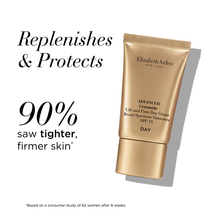 Elizabeth Arden skincare product with text about skin improvement on a white background