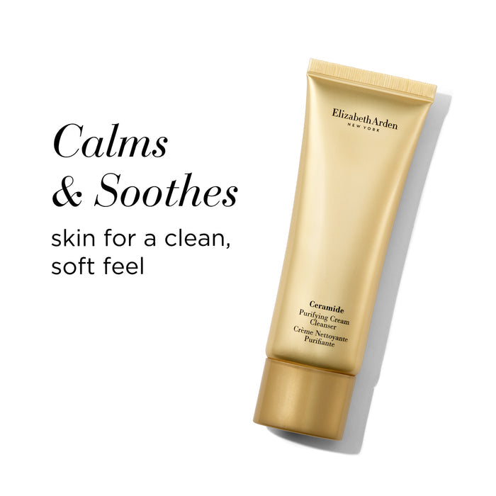 Gold tube of Elizabeth Arden Ceramide Purifying Cream Cleanser on a white background with text 'Calms & Soothes skin for a clean, soft feel'.