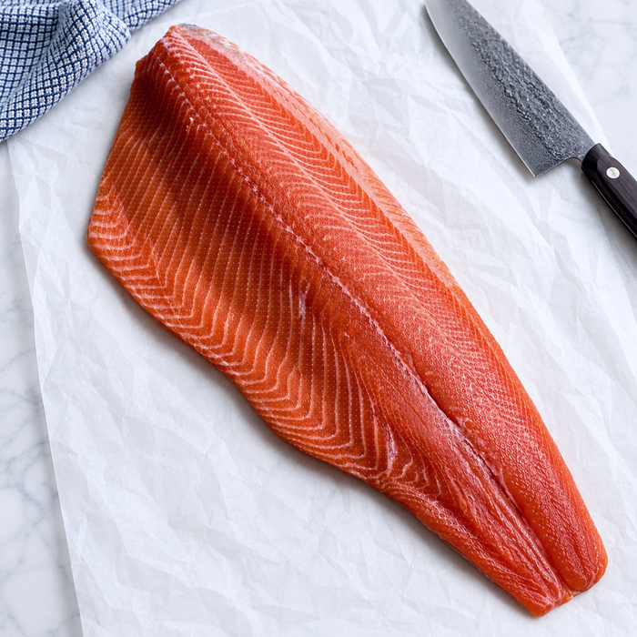 Norwegian Rainbow trout with skin-on, on a brown cutting board, sold by Fjord Sales