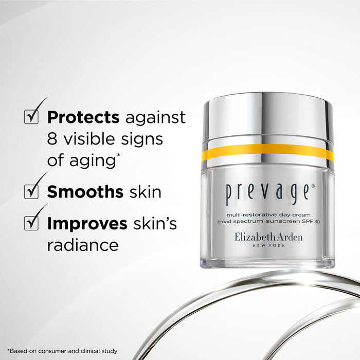Elizabeth Arden Preváge skincare cream jar with text on a white background