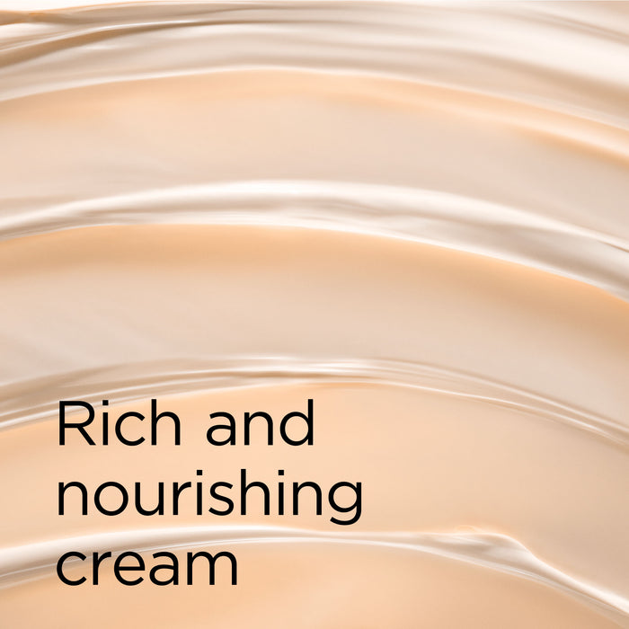 Close-up of creamy texture with 'Rich and nourishing cream' text overlay