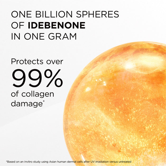 Close-up of a sphere with text about idebenone and collagen protection on a white background