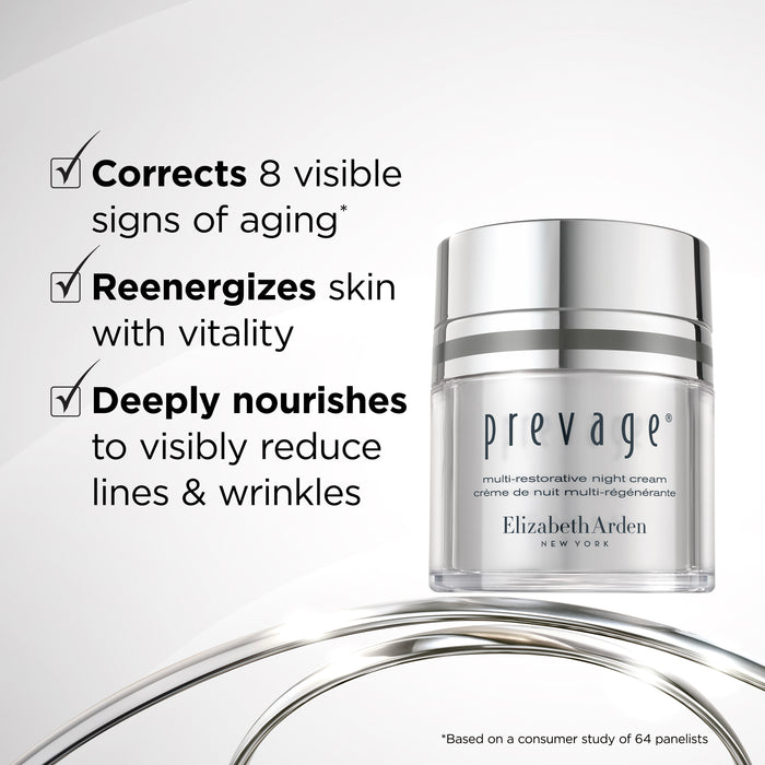 Elizabeth Arden Prevage night cream jar with text highlighting its benefits on a white background
