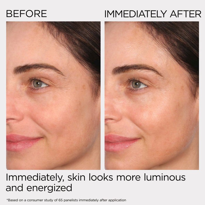 Before and after comparison of a woman's face with text indicating improved luminosity and energy.