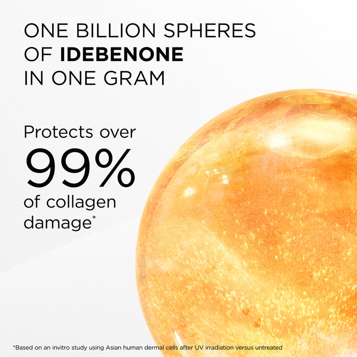 Advertisement for Idebenone, showing a close-up of a sphere with text about its properties.