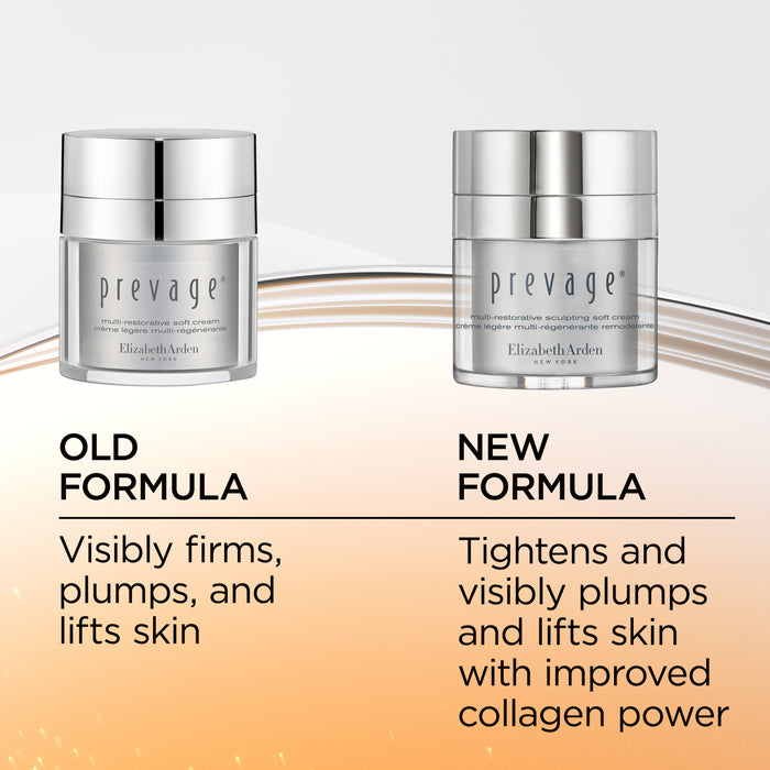 Two jars of Elizabeth Arden Prevage cream with text describing old and new formulas.