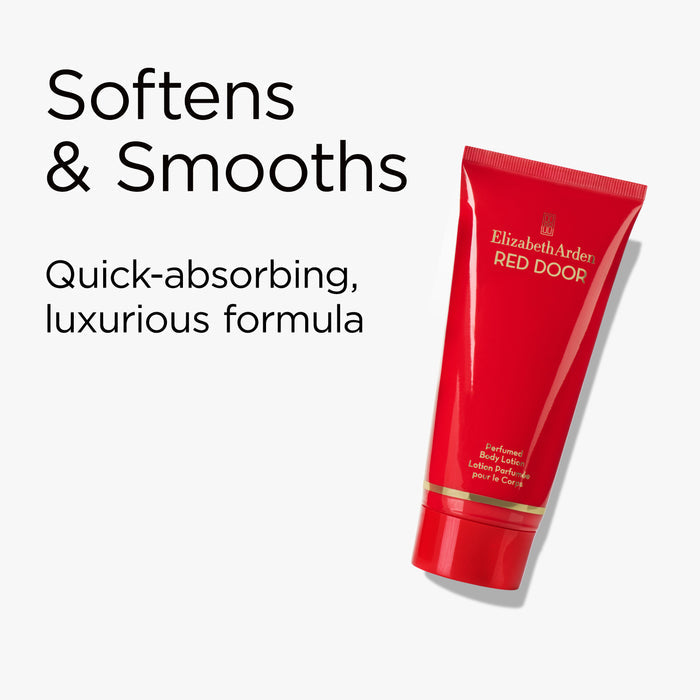 Red tube of Elizabeth Arden body lotion with text 'Softens & Smooths' on a white background