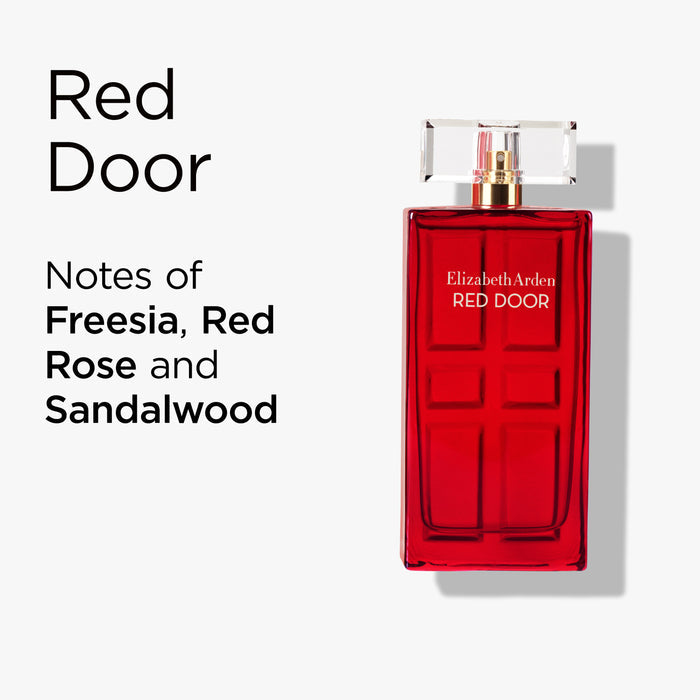 Red Door perfume bottle with product details on a white background