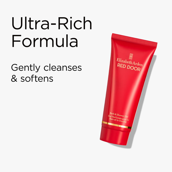 Red tube of Elizabeth Arden Red Door body wash on a white background with text about its formula.