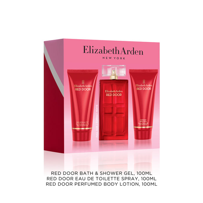 Elizabeth Arden Red Door gift set with three products in a pink box on a white background
