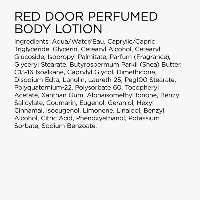 List of ingredients for Red Door Perfumed Body Lotion on a white background