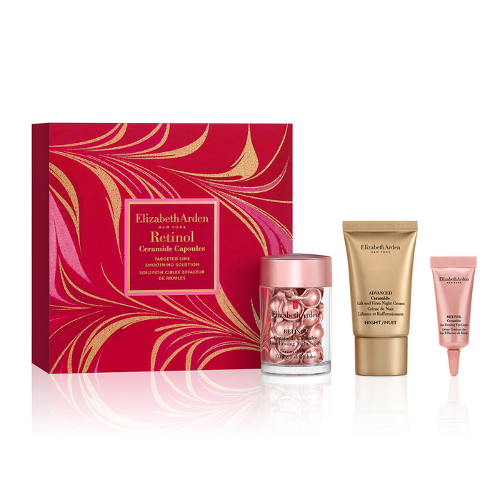 Elizabeth Arden skincare set with red box, cream, and capsules on a white background