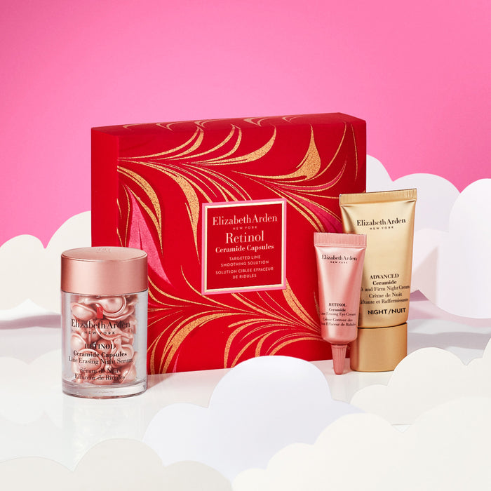 Elizabeth Arden skincare products including a red box with gold and white design on a pink background.