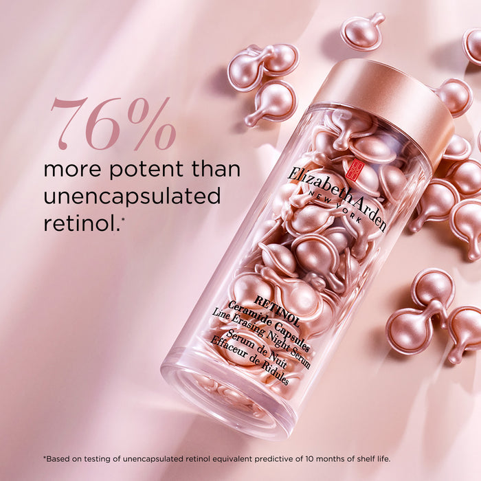 Elizabeth Arden retinol serum bottle with capsules on a pink background