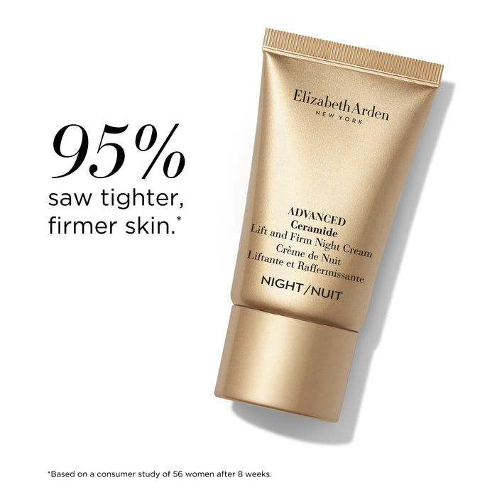 Elizabeth Arden night cream tube on a white background with text about skin tightening.