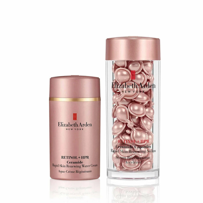 Elizabeth Arden skincare products including a cream bottle and serum capsules on a white background