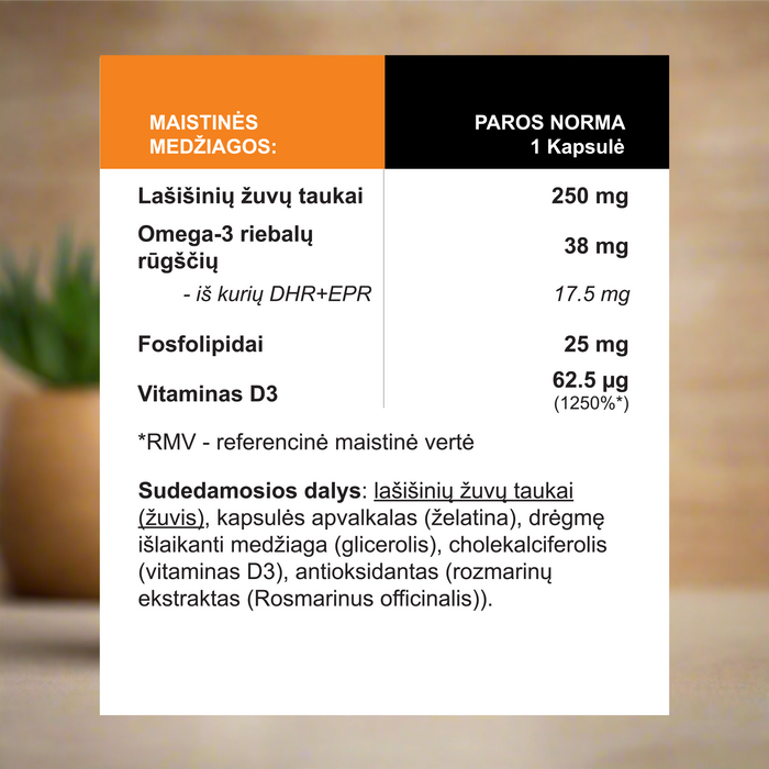 Vitaminas D3 (2500TV) + Omega3 lašišų taukai, 180 kapsulių – nuotrauka 2