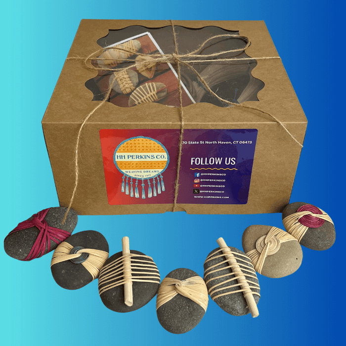 HH Perkins Rock Wrapping Kit with DIY materials inside, and completed Zen Stones in front.