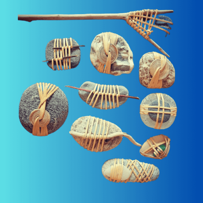 Cane wrapped rocks on blue background with multiple variations and knots from HH Perkins.