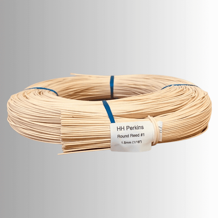 A coil of 1 lb Round Reed #1 with HH Perkins label showing the size as 1.5mm wide.