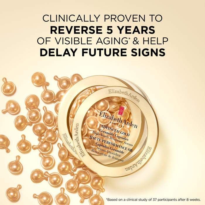 Advanced Gold Ceramide Capsules, clinically proven to reverse 5 years of visible ageing and help delay future signs, with gold capsules spilling from the pot