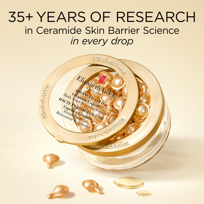 Advanced Gold Ceramide Capsules, backed by 35+ years of ceramide skin barrier research, shown with capsules and serum droplets