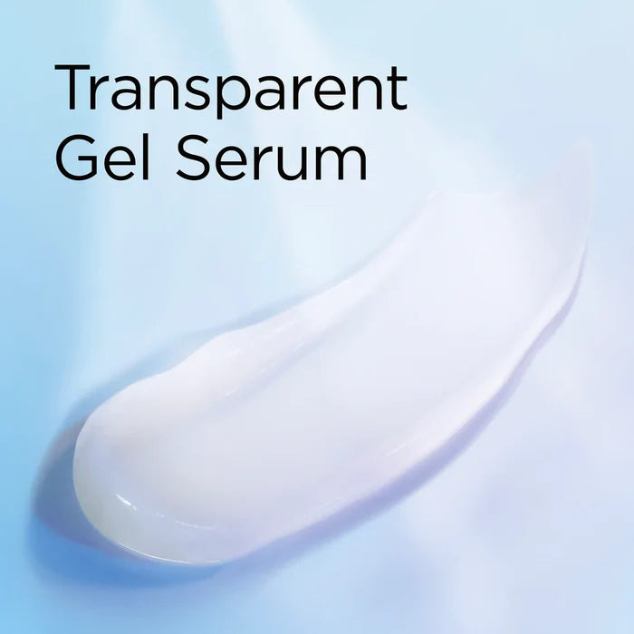 A translucent white gel serum swatch on a light blue background with the text 'Transparent Gel Serum' in black at the top left.