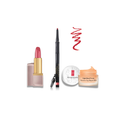 Elizabeth Arman cosmetic set featuring a pink lipstick with a gold tube, a black lip liner pencil, a red lipstick swatch, a white round compact, and an open jar of Light-Max Cream Intensive Lip Repair Balm on a white background.