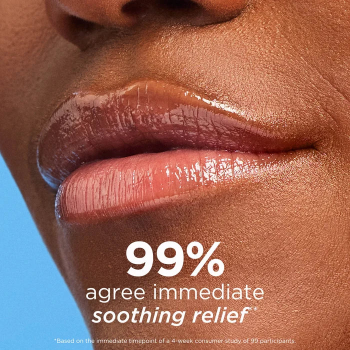 Close-up of a person's lips wearing a glossy pink lip product, with text reading '99% agree immediate soothing relief' over a blue background.