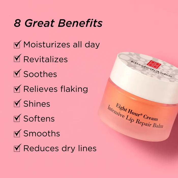Elizabeth Arman Eight Hour Cream Intensive Lip Repair Balm jar on a pink background with a list of eight benefits on the left.