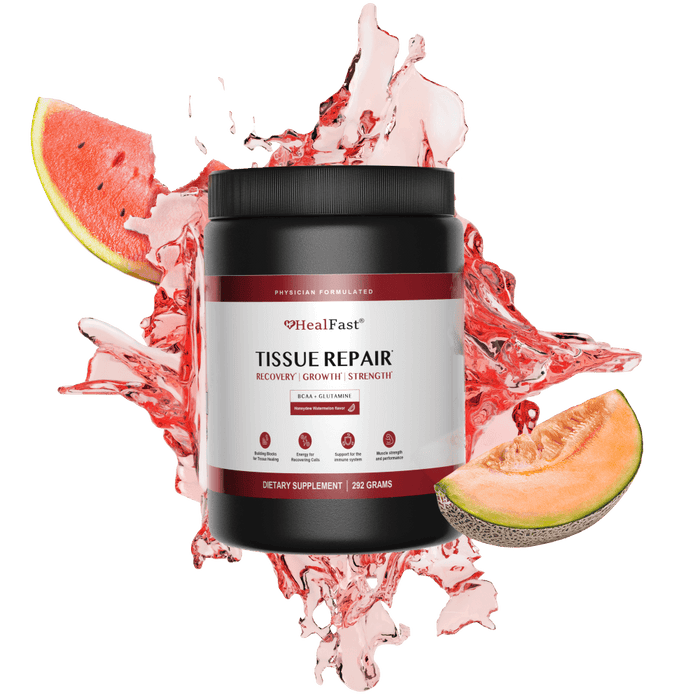 HealFast Tissue Repair supplement with watermelon and cantaloupe background