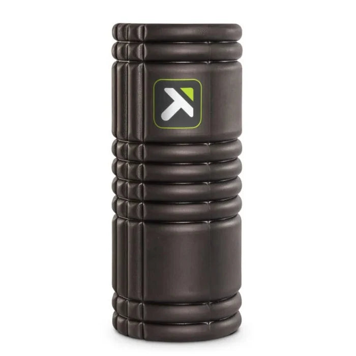 Brown foam roller with a logo on a white background