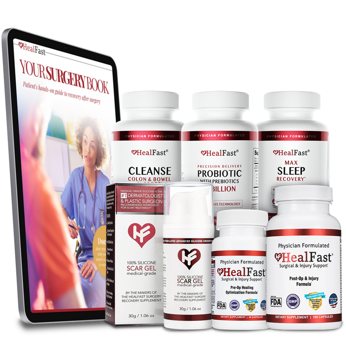 Ultimate Surgery Recovery System including supplements for post-surgery recovery: Cleanse, Probiotic, Max Sleep, and Scar Gel.