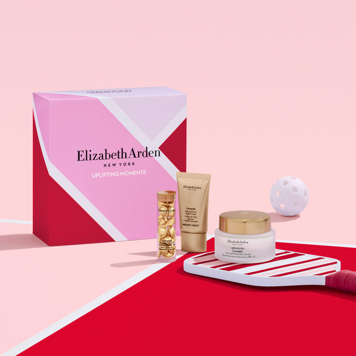 Elizabeth Arden skincare products on a pink and red background