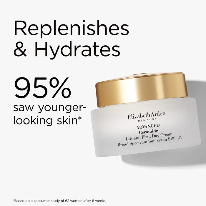Elizabeth Arden cream jar with text about skin hydration and results.
